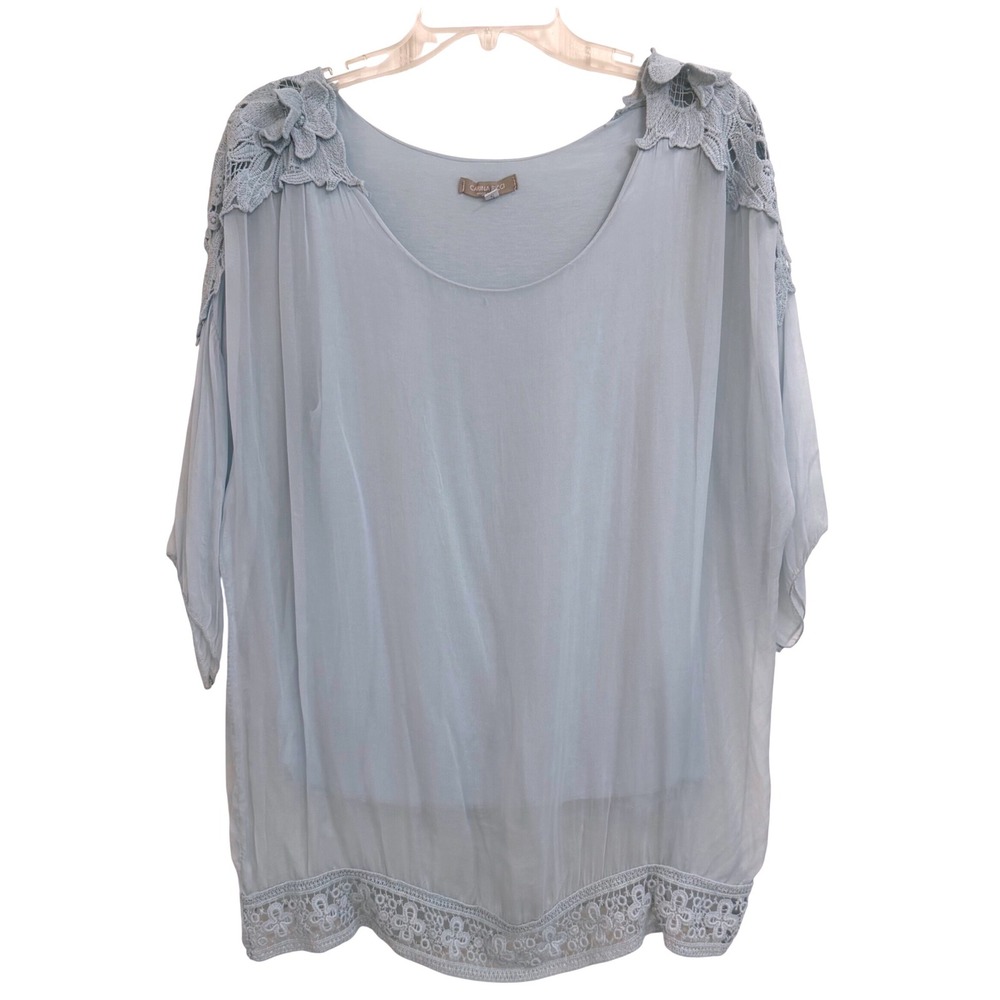 Carina Ricci Light Blue 100% Silk Crochet Blouse Made in Italy Style Lux S EUC